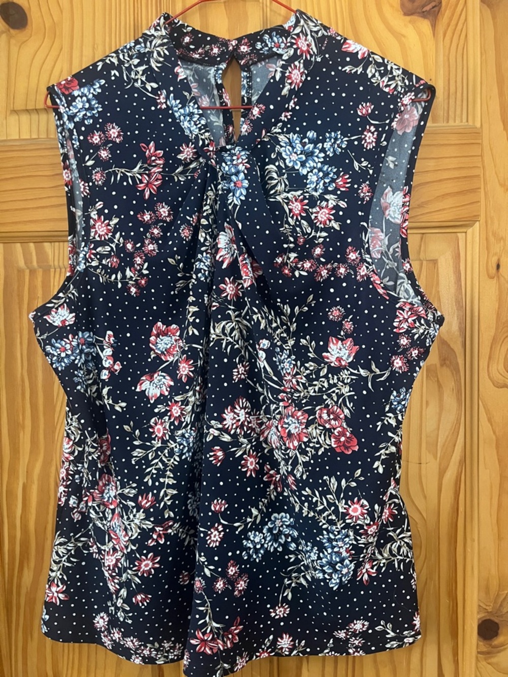 Navy Floral Sleeveless Tie-Neck Blouse